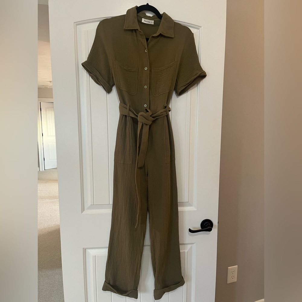 Lush Olive Utility Button-Up Jumpsuit with Tie Waist